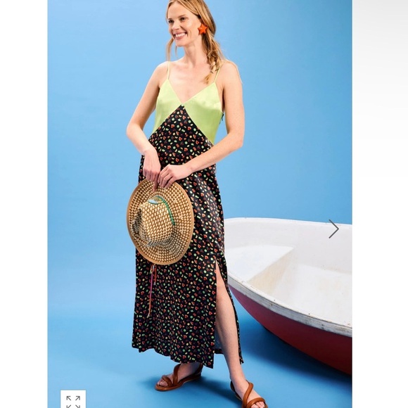 NWT Terez Satin Sleeveless V-Neck Maxi Dress Fruit Black Green Chartreuse Size M - Picture 8 of 8